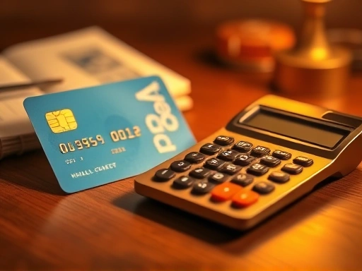 신용카드와 계산기가 놓여져 있고, 밝은 조명 아래 신중한 분위기