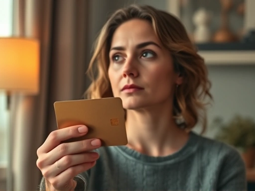 한 여성이 오래된 신용카드를 들고 고민하는 모습