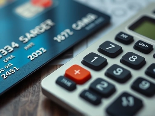 신용카드와 계산기를 클로즈업하여 재정적 결정을 상징적으로 보여주는 이미지