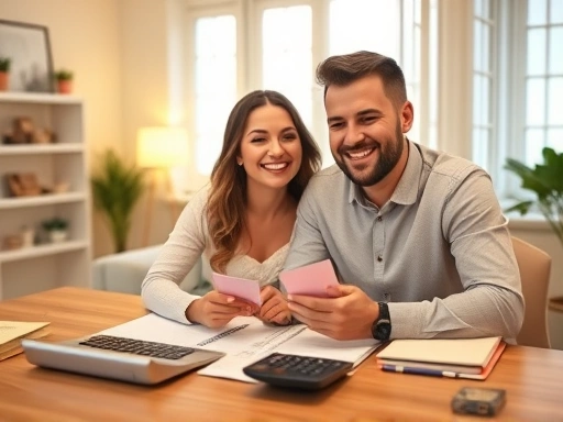신혼부부, 테이블 위에 놓인 신용카드, 계산기, 가계부, 따뜻한 조명, 행복한 분위기