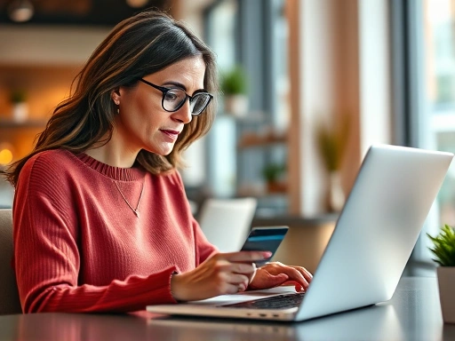 한 여성이 노트북으로 온라인 쇼핑을 하면서 신용카드 정보를 안전하게 보호하기 위해 보안 수칙을 확인하는 장면