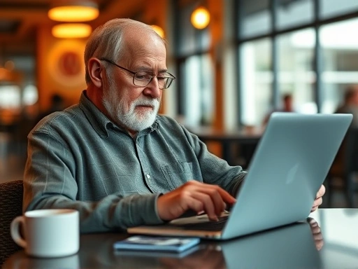 한적한 카페에서 노트북으로 신용카드 사용 내역을 분석하는 은퇴한 남성의 모습