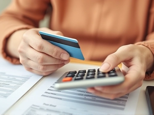 신용카드와 계산기를 사용하여 가계부를 정리하는 은퇴한 여성의 손, 클로즈업 촬영으로 신중함과 계획적인 소비 습관을 강조하고 따뜻한 색감으로 안정감을 더합니다.