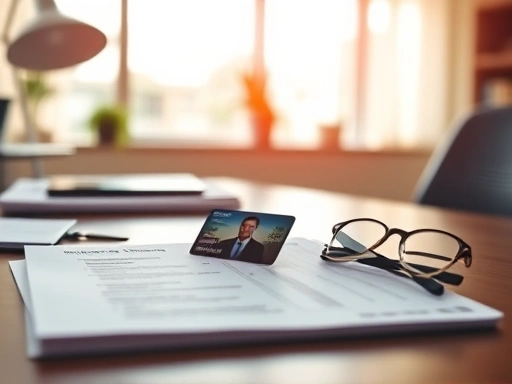 사무실 책상 위에 놓인 신용카드와 이력서, 부드러운 자연광이 비추는 따뜻한 분위기