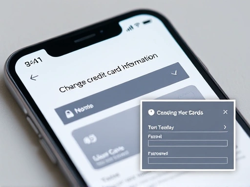 신용카드 정보 변경 페이지를 보여주는 스마트폰 클로즈업, 중요한 개인 정보 강조, 꼼꼼한 확인과 보안을 상징하는 두 번째 이미지