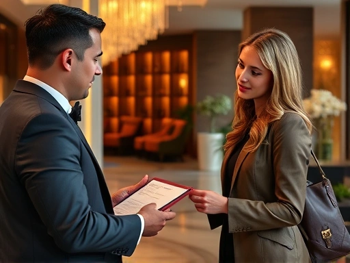 고급스러운 호텔 로비에서 컨시어지가 고객에게 맞춤형 여행 계획을 설명하는 장면