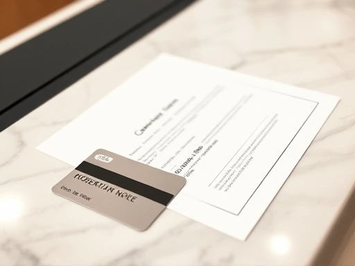 컨시어지 데스크 위에 놓인 신용카드와 예약 관련 서류 클로즈업.