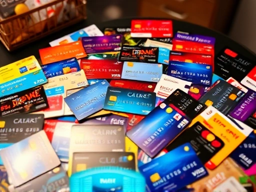 다양한 신용카드와 멤버십 카드가 펼쳐진 테이블 위에 놓여 있으며, 밝고 따뜻한 조명이 카드들의 디테일을 강조하고 소비의 즐거움을 암시합니다.
