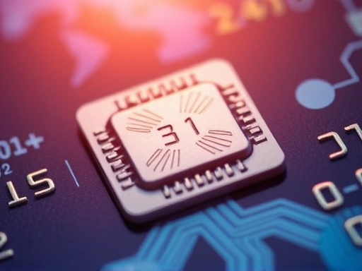 확대된 신용카드 칩은 금융 거래의 보안과 신뢰성을 상징하며, 부드러운 조명은 금융 기술의 정교함을 강조합니다.