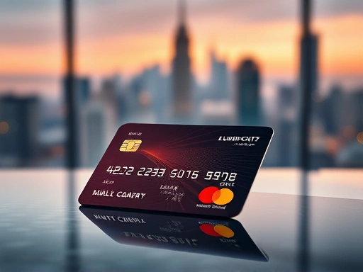 고급스러운 신용카드가 테이블 위에 놓여 있고, 그 뒤로 도시의 스카이라인이 흐릿하게 보이는 이미지
