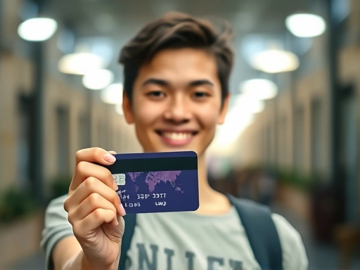 밝은 조명 아래, 학생이 신용카드를 들고 미소짓는 모습