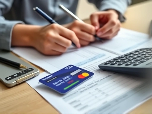 책상 위에 놓인 신용카드와 계산기, 필기구 클로즈업.