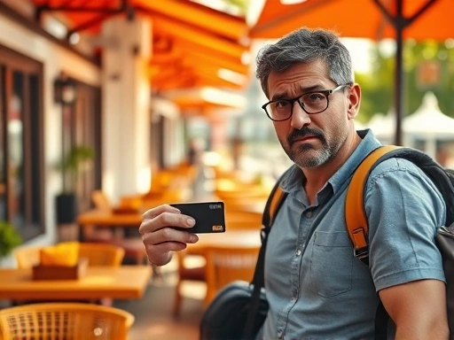 밝은 야외 카페에서 여행자가 신용카드를 사용하려고 하지만 결제가 실패하고, 당황한 표정을 짓고 있는 모습