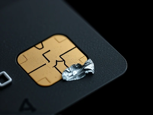 신용카드의 IC칩 부분이 확대되어 있으며, 표면에 미세한 긁힘과 손상 흔적이 보입니다.