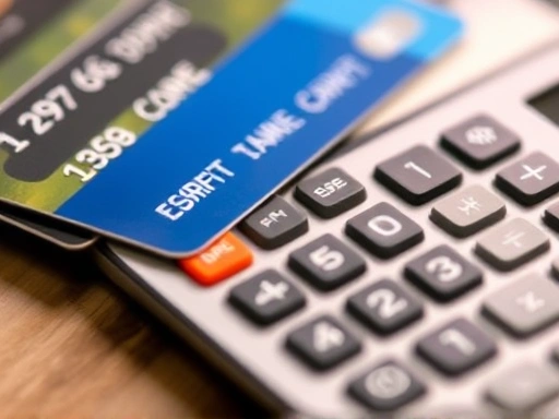 신용카드와 계산기가 놓여있는 클로즈업 샷, 따뜻한 조명으로 신중한 재정 관리와 계획적인 소비의 중요성을 부각