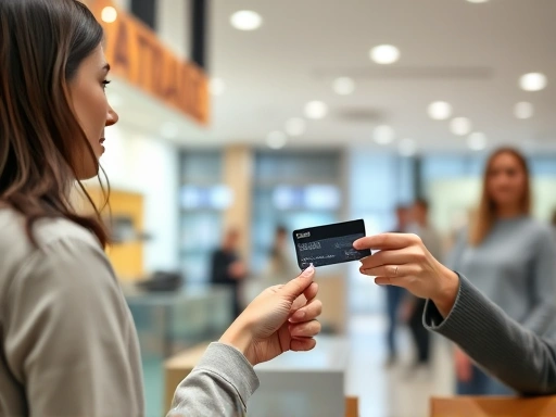 한 여성이 해외 상점에서 신용카드를 결제하고 영수증을 받고 있으며, 밝은 조명과 현대적인 인테리어로 편안하고 안전한 쇼핑 분위기