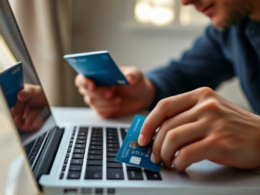 해외 카드 결제 시도가 거절된 당황스러운 순간, 클로즈업된 신용카드와 노트북 화면은 문제 해결에 대한 긴장감과 집중을 보여줍니다.