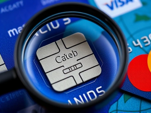 돋보기 아래 놓인 신용카드 칩의 세밀한 부분은 금융 보안의 중요성을 상징하며, 해외 결제 시 발생할 수 있는 잠재적 문제에 대한 면밀한 검토를 요구합니다.
