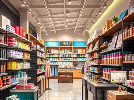 다채로운 상품들이 진열된 상점 내부, 부드러운 조명과 생동감 넘치는 색상으로 쇼핑의 즐거움을 시각적으로 표현하는 첫 번째 이미지