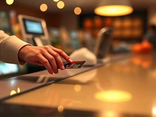 신용카드가 놓인 계산대, 카드 결제 과정을 클로즈업하여 보여주고, 따뜻한 조명으로 안정감과 신뢰감을 강조하는 두 번째 이미지