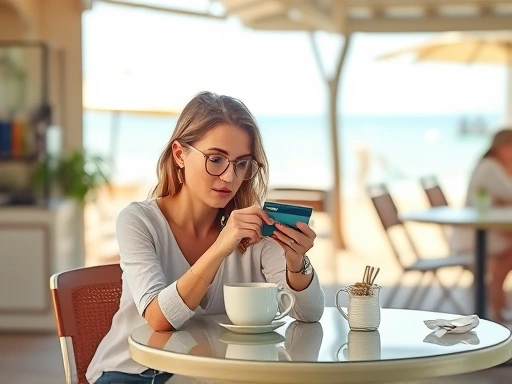 한적한 해변가 카페에서 여유롭게 커피를 마시며 신용카드로 결제하는 여성, 부드러운 자연광과 파스텔톤 색감으로 평화롭고 안전한 분위기