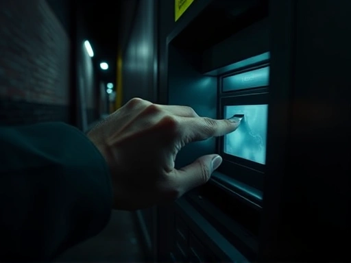 어두운 골목길 ATM에서 카드 정보를 복제하려는 남성의 손, 클로즈업된 카드 슬롯과 어두운 조명으로 긴장감과 위험을 강조합니다.