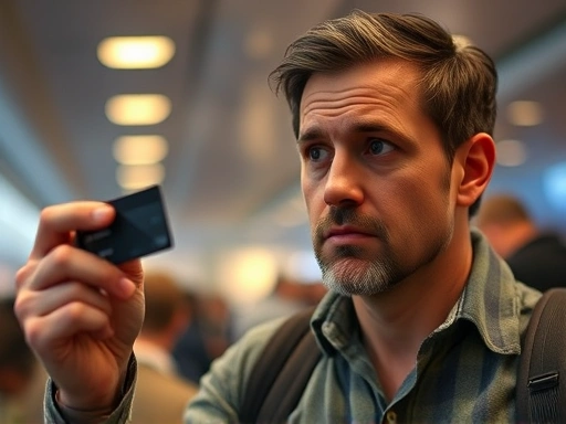 한 여행자가 걱정스러운 표정으로 신용카드가 없어진 것을 깨닫고 있다.