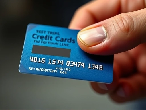 분실된 신용카드를 들고 있는 손의 클로즈업,카드의 중요 정보를 가리고, 여행의 긴박함과 중요성을 나타내는 날카롭고 극적인 조명.