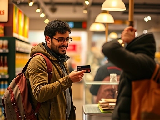 여행자가 현지 상점에서 신용카드로 결제하는 모습