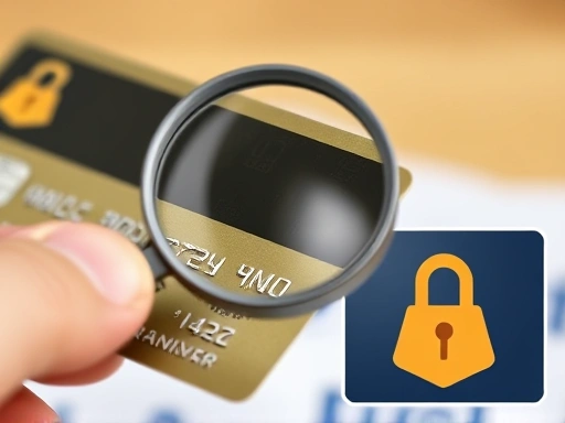 신용카드에 돋보기을 사용하여 카드 정보를 확인하는 클로즈업 샷, 세심한 주의와 보안을 강조하는 두 번째 이미지