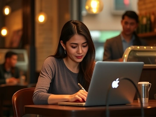 한적한 카페에서 노트북으로 작업하는 여성, 따뜻한 조명 아래 집중하는 모습
