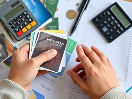 신용카드와 계산기를 클로즈업, 신중한 표정으로 가계부를 정리하는 손, 재정 관리의 중요성을 강조하는 섬세한 연출