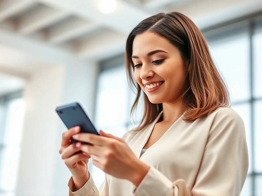 한 여성이 스마트폰으로 카드사 앱을 보며 해외 결제 내역을 확인하고 있으며, 밝은 실내 조명과 현대적인 디자인이 앱의 편리함과 신뢰성을 강조하는 이미지