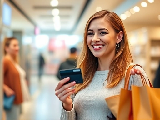 쇼핑하는 여성이 신용카드를 들고 미소짓는 모습