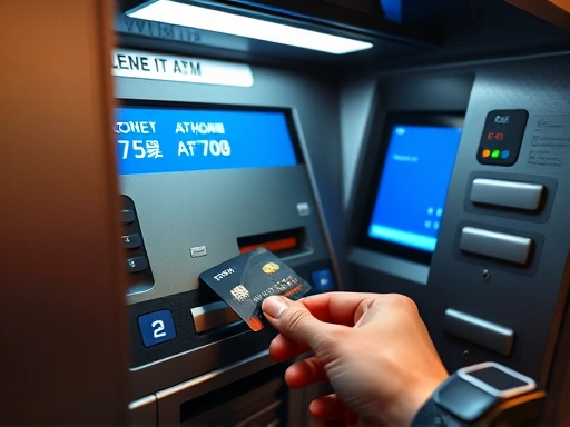 해외여행 중 ATM에서 신용카드를 삽입하여 현금을 인출하는 장면