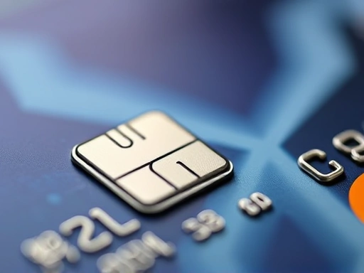 신용카드의 칩 부분을 클로즈업하여 촬영하고, 배경을 흐리게 처리하여 카드 보안의 중요성을 강조합니다.