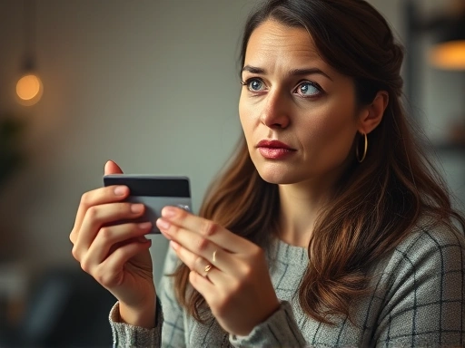 한 여성이 신용카드를 들고 고민에 잠긴 모습