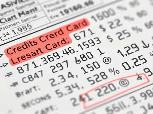 신용카드 명세서의 클로즈업, 복잡한 숫자와 기호들이 가득하며, 붉은색 하이라이트로 강조된 부분을 통해 재정적 부담과 긴장감을 드러냅니다.