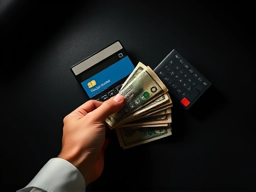 신용카드를 들고 있는 손과 계산기, 현금 다발이 놓여있는 어두운 배경, 복잡한 재정 상황을 암시하는 드라마틱한 조명과 그림자