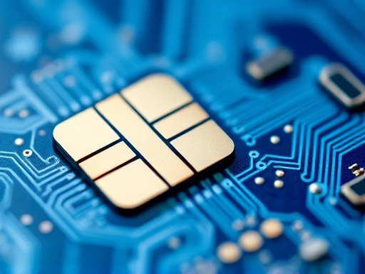 클로즈업된 신용카드 칩과 복잡한 회로, 미세한 디테일을 강조하는 매크로 촬영, 금융 기술의 복잡성과 중요성을 상징하는 푸른 색조