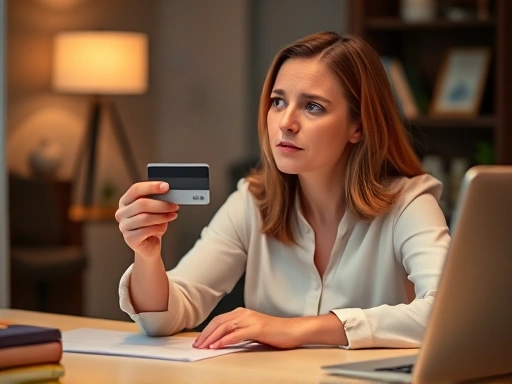 한 여성이 책상 앞에 앉아 휴면 신용카드를 들고 고민에 잠긴 모습