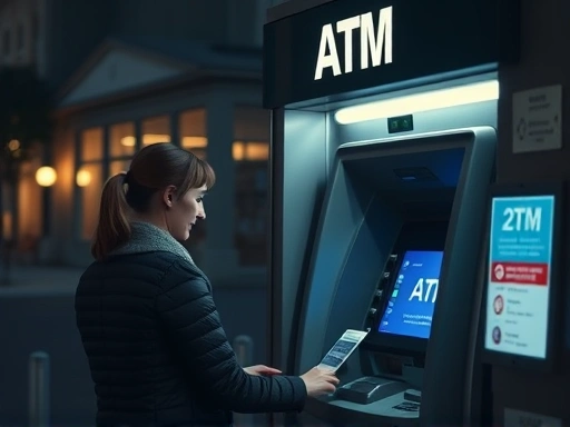 한적한 은행 ATM에서 작업하는 여성, 늦은 밤, 부드러운 조명, 신뢰와 보안의 분위기