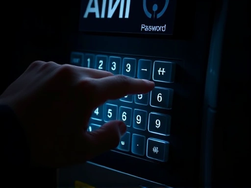 ATM 키패드에 손을 대고 비밀번호를 보호하는 클로즈업, 전문 사진, 어두운 조명, 금융 보안 강조