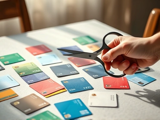 다양한 신용카드가 테이블 위에 놓여 있고, 한 손이 가위를 들고 카드를 자르려고 하는 장면