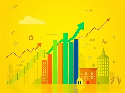 역동적인 경제 활동을 나타내는 다양한 색상의 막대 차트와 화살표가 상승과 하강을 반복하는 이미지