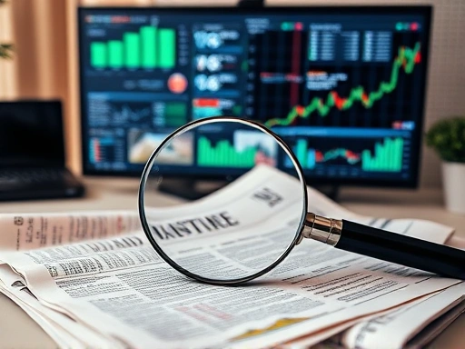 다양한 경제 뉴스 기사들로 가득 찬 신문과 모니터가 펼쳐져 있고, 그 위에 돋보기가 놓여 있는 모습