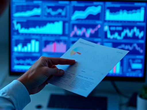 수많은 그래프와 데이터가 표시된 모니터 앞에서 한 사람이 진지하게 손에 차트를 들고 분석하고 있는 클로즈업 샷.