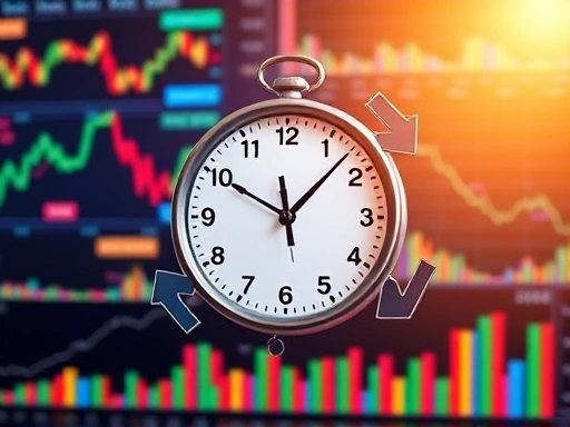 다채로운 경제 지표와 그래프가 겹쳐진 배경 위에 시계와 화살표가 순환하는 이미지