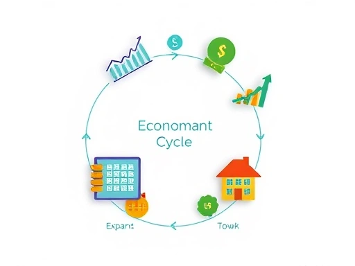 각기 다른 아이콘(주식 그래프, 채권, 금괴, 집 모양 등)이 경제 사이클의 네 단계(확장, 정점, 수축, 저점)를 나타내는 원형 흐름도 위에 배치되어 있습니다.