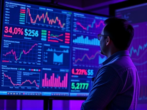 여러 개의 그래프와 데이터가 시각화된 대형 스크린 앞에서 한 투자자가 데이터를 분석하고 있다.